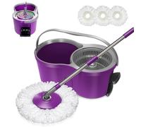 Masthome Seau Essoreur à Pédale et Balai à Franges en Microfibre, Serpillière Magique et Essoreur 360° avec 3 Têtes Serpillère, Balai avec Poignée en Acier Inoxydable à 4 Sections,Violet