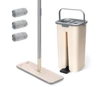 Masthome Serpillère Plate et Seau avec Essoreur, Balai Serpillère avec 3 Serpillères et Manche INOX, 2 in 1 Sceau Menage Essoreur, Balais Nettoyer Sol Carrelés, Parquets