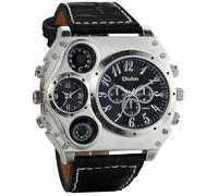 MASTOP Montre à quartz multifonction surdimensionnée pour homme avec grand cadran, double fuseaux horaires, boussole décorative et thermomètre, style militaire steampunk bracelet en cuir, cadeau pour