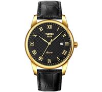 MASTOP Montre analogique à quartz pour homme - Chiffres romains - Style décontracté - Montre classique avec calendrier - Étanche à 30 m - Confortable - En cuir, Doré/noir, Robe