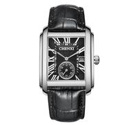 MASTOP Montre analogique à quartz pour homme - Style décontracté - Rétro - Rectangulaire - Étanche - Bracelet en cuir - Avec fenêtre de calendrier automatique, noir/argenté, Montre de luxe