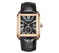 MASTOP Montre analogique à quartz pour homme - Style décontracté - Rétro - Rectangulaire - Étanche - Bracelet en cuir - Avec fenêtre de calendrier automatique, Doré/noir, Montre de luxe décontractée