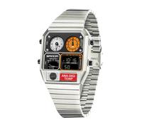 MASTOP Montre analogique numérique carrée de style rétro avec affichage de la température, 3 fuseaux horaires, rétro-éclairage lumineux, étanche à 50 m, réveil, chronomètre, semaine/date, Argenté/noir