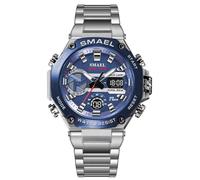 MASTOP Montre de sport analogique numérique de luxe en acier inoxydable étanche jusqu'à 50 m, double affichage, double fuseau horaire, montre à quartz multifonctionnelle avec chronomètre, alarme