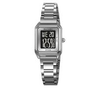 MASTOP Montre numérique dorée pour femme carrée en acier inoxydable étanche avec date, alarme, chronomètre, compte à rebours, noir/argenté, Mode Dainty Sports