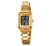 MASTOP Montre numérique dorée pour femme carrée en acier inoxydable étanche avec date, alarme, chronomètre, compte à rebours, Doré/noir, Mode Dainty Sports