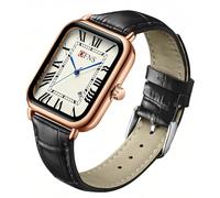MASTOP Montre pour homme avec bracelet en cuir rétro vintage carré analogique délicat rectangulaire marron simple pointeur bleu chiffres romains Business Casual Dress Watch, noir/doré, Montre vintage