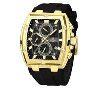 MASTOP Montre pour homme - Cadran rectangulaire - Étanche jusqu'à 5 ATM - Affichage analogique - Minuteur - Design punk cool - Bracelet en silicone, noir/doré, Montre rectangulaire unique Relojes para