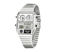 MASTOP Montre rétro carrée analogique numérique avec affichage de la température, 3 fuseaux horaires, rétro-éclairage lumineux, étanche à 50 m, alarme, chronomètre, semaine/date, Argent, Montre rétro