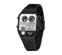 MASTOP Montre rétro carrée analogique numérique avec affichage de la température, 3 fuseaux horaires, rétro-éclairage lumineux, étanche à 50 m, alarme, chronomètre, semaine/date, Noir et blanc, Montre