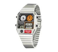 MASTOP Montre rétro carrée analogique numérique avec affichage de la température, 3 fuseaux horaires, rétro-éclairage lumineux, étanche à 50 m, alarme, chronomètre, semaine/date, argenté/blanc, Montre