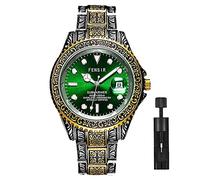 MASTOP Montre rétro pour homme avec gravure 3D, style décontracté, lumineuse, étanche, en acier inoxydable avec affichage de la date, montre à quartz analogique tendance pour homme (doré + argent/vert