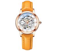 MASTOP Montre saphir pour femme avec mécanisme automatique steampunk à remontage automatique Bracelet doré squelette bracelet en cuir pour femme Famale, Orange/doré