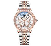 MASTOP Montre Saphir pour Femme avec mécanisme Automatique Steampunk à remontage Automatique Bracelet doré Squelette Bracelet en Cuir pour Femme Famale, Papillon en Acier