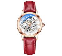MASTOP Montre saphir pour femme avec mécanisme automatique steampunk à remontage automatique Bracelet doré squelette bracelet en cuir pour femme Famale, Rouge/or