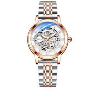 MASTOP Montre Saphir pour Femme avec mécanisme Automatique Steampunk à remontage Automatique Bracelet doré Squelette Bracelet en Cuir pour Femme Famale, Acier Argent Rose