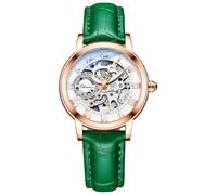 MASTOP Montre Saphir pour Femme avec mécanisme Automatique Steampunk à remontage Automatique Bracelet doré Squelette Bracelet en Cuir pour Femme Famale, Vert doré