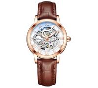 MASTOP Montre Saphir pour Femme avec mécanisme Automatique Steampunk à remontage Automatique Bracelet doré Squelette Bracelet en Cuir pour Femme Famale, Marron/doré