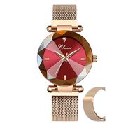 MASTOP Montre tendance pour femme avec cadran en cristal et bracelet magnétique en maille d'acier inoxydable or rose, Or rose - rouge, Mouvement à quartz