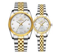MASTOP Montres pour couple de montres suisses dorées en acier inoxydable étanche à quartz pour homme et femme, Bicolore / blanc, Montre à quartz