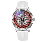 MASTOP Roulette Wheel Montre mécanique automatique pour homme avec cadran rotatif et squelette creux en acier inoxydable étanche, Caoutchouc blanc, Roulette Wheel Watch Casino Watch
