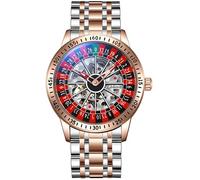 MASTOP Roulette Wheel Montre mécanique automatique pour homme avec cadran rotatif et squelette creux en acier inoxydable étanche, rose, Montre roulette