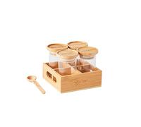 mastrad - Bocaux A Epices - Lot de 4 - Pot A Epices en Verre avec Couvercle en Bambou - Socle de Rangement et Cuillère inclus - 90 ml