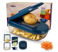 Mastrad - Coupe-Légumes Multifonction Avec Réservoir - 3 Lames Inox - Dés, Bâtonnets, Tranches 2 mm - Base Antidérapante - Compact - Avec Accessoires