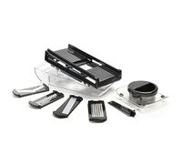 Mastrad Mandoline V avec réservoir – 5 lames inox, trancheur/râpe, garde de sécurité – Noir