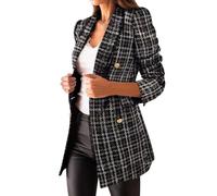 MASUCOR Femme Ouvert Devant Élégant Blazer à Carreaux Manches Longues Revers Chaud Veste Courte Manteau Business Tweed Costume Veste Femme Casual Bureau Blazer Slim Veste Marron(Black,XL)