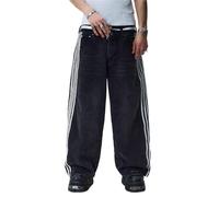 MASUCOR Jean Baggy Vintage pour Homme Pantalon en Denim Ample avec Rayures Sur le Côté Pantalon en Denim de Skateboard Décontracté pour Femme Jean Large Taille Basse Surdimensionné Y2K Hip Hop(Black,M