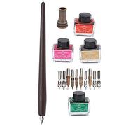 Masyrt Stylo Plongeur en Verre avec 10 Plumes Remplaçables, 4 Bouteilles D'encre, Corps en Bois, pour L'écriture de Calligraphie, le Dessin, les Croquis de (Ensemble de quatre encres, corps de stylo