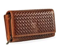 MATADOR Porte Feuilles pour Femme Cuir #LISBONNE avec Noble Boîte Cadeau, Portefeuille Carte de Luxe avec RFID, Porte Feuille Femme Grand Format avec de Nombreux Compartiments à Cartes, Tressé Marron