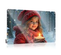 Matal Sign Accessoire d'œuvre d'art imperméable, impression rétro nostalgique pour café, pub, garage | Décoration d'amour pré-percée personnalisée Un enfant dans une forêt enneigée tient une bougie