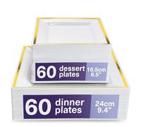 MATANA 120 Assiettes Carrées en Plastique Blanches avec Bord Doré pour Mariages, Anniversaires, Baptêmes, Noël & Fêtes (2 Tailles, 60 x 24cm, 60 x 16,5cm) - Solide & Réutilisable