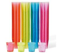 MATANA 150 Verres à Shot en Plastique Fluo, 30ml - Lumière Noire/UV-Réactive - Verres à Shooter Colorés Solides - Verrines en Plastique Réutilisables pour Fêtes, Anniversaires, Mariages