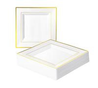 MATANA 20 Assiettes Carrées en Plastique Blanches avec Bordure Dorée, 24cm - Solides et Réutilisables - pour Anniversaires, Mariages, Baptêmes, Noël, Fêtes