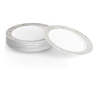 MATANA 20 Assiettes en Plastique Blanc avec Bordure Argentée pour Mariage, Anniversaires, Baptêmes, Noël & Fêtes, 26cm - Solides & Reutilisables