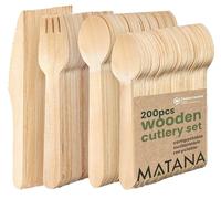 MATANA 200 Couverts en Bois Jetables - 50 Couteaux, 50 Fourchettes, 50 Cuillères, 50 Cuillères à Café - Sans Plastique, Biodégradables & Écologiques - Fêtes, Pique-niques, BBQ, Traiteur