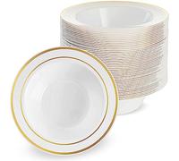MATANA 25 Bols en Plastique Blanc avec Bordure Dorée (360ml) - Bols à Soupe, Assiettes Creuses pour Mariages, Anniversaires, Baptêmes, Noël & Fêtes - Solide & Réutilisable