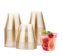 MATANA 60 Gobelets en Plastique Dur avec Paillettes d'Or (270ml / 9oz) - Verres en Plastique Dorés pour Mariages, Anniversaires, Barbecues, Fêtes - Solides et Réutilisables