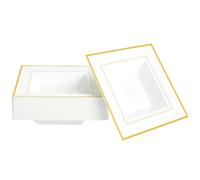 MATANA Lot de 20 bols carrés en plastique blanc de qualité supérieure avec bord doré, 360 ml - Robuste et réutilisable - Bols à soupe et à dessert pour mariages, anniversaires, pique-niques, buffets