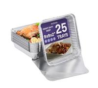 MATANA Lot de 25 Barquettes Aluminium Carrées 23×23 cm (1,3 L / 1300 ml) avec Couvercles - Plat Aluminium Four Heavy Duty, Barquette Cuisson & Rôtissoire, Empilables, Four & Congélateur