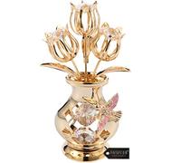Matashi Spécial Saint Valentin et Fête des Mères!!! Ornement - Tulipes dans Un Vase Magnifiquement ciselé 24 CT Plaqué Or avec Un Colibri Fabriqué avec des Cristaux Clairs