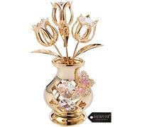 Matashi Spécial Saint Valentin et Fête des Mères!!! Ornement - Tulipes dans Un Vase Magnifiquement ciselé 24 CT plaqué Or avec Un Colibri Fabriqué avec des Cristaux (Papillon, Cristaux Clairs)