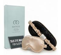 MATASSE Masque de Nuit Soie de Mûrier 100% 22 Mommes Grade 6A - Profilé 3D 14mm, Bandeau pour les Yeux Homme et Femme, Sangle Réglable - Noir/Champagne