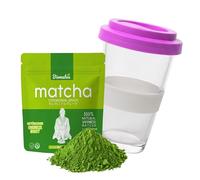 Matcha ceremonial japonais en poudre 50 g avec gobelet en verre Swiss made Matcha to go en verre Tencha en poudre de thé vert de Kagoshima Japon + gobelet à matcha avec couvercle (rose)