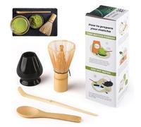 Matcha Kit 4 Pièces Matcha Set, Kit Matcha, Comprend le Fouet Matcha en Bambou, Cuillère Traditionnelle, Cuillère à Thé, Support Fouet Matcha, l'ensemble Parfait Pour Préparer, Noir