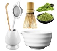Matcha Kit 5 Pièces, Ensemble à Thé Matcha Premium pour Cérémonie Traditionnelle, Inclut Tamis, Fouet en Bambou, Cuillère, Bol Céramique, Accessoires, Coffret Matcha pour la Cérémonie du Thé(Blanc)