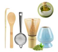 Matcha Kit 5 Pièces,Kit Matcha,Comprend le Fouet Matcha en Bambou,2 Cuillères à Matcha,Support Fouet Matcha,Tamiser à Matcha,C'est un Cadeau pour Amateurs de Matcha (Bleu de Four)